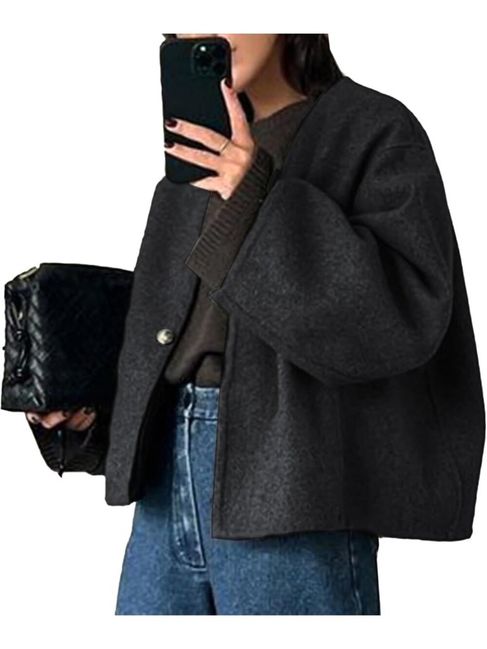 Women's Grey Wool Blend Collarless Cropped Long Sleeve Short Fall Pea Overcoat